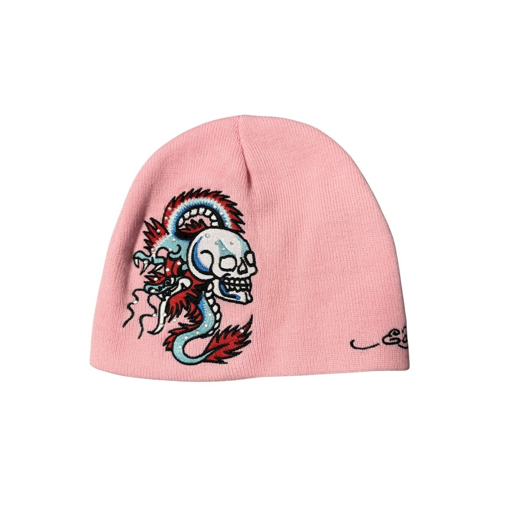 Ed Hardy Beanie Hat Womens OS Pink Skull Dragon Rhinestone Embroidered Tattoo